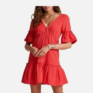 BILLABONG X Sincerely Jules Soft Red Ruffle Lovers Wish Gauzy Dress Deep-Back XS